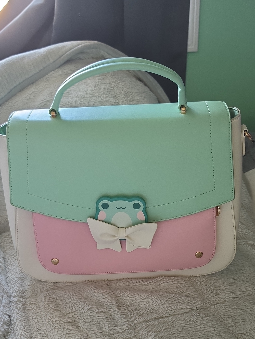 Pastel Mint & Pink Frog Accent Satchel - Cute Women's Bag